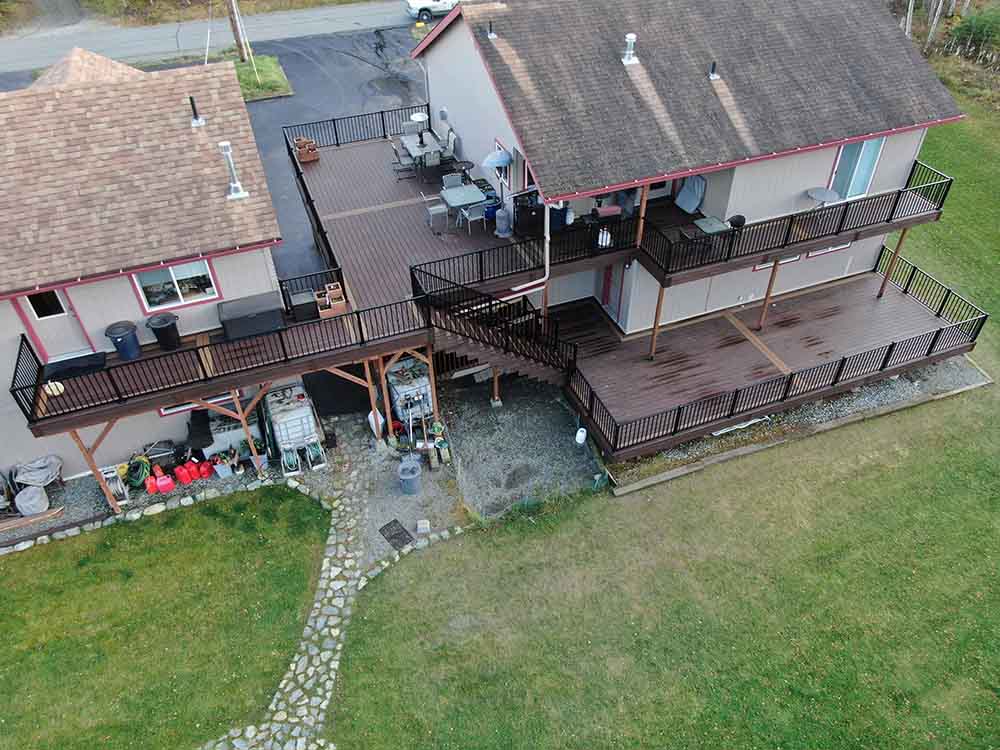 Balcony deck skywalk between structures